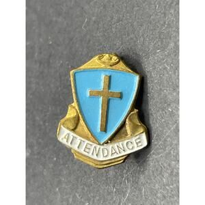 Vintage Attendance Cross Gold Tone Enamel Shield Badge Lapel Pin From Italy